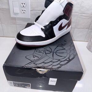 Air Jordan 1 Mid Sneakers White and Burgundy (dark pony)